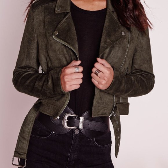 Missguided Faux Suede Biker Jacket - Khaki US 2 - Picture 1 of 5